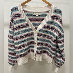 Ann Taylor Loft Fair Isle Cardigan Cropped White Button Cabincore